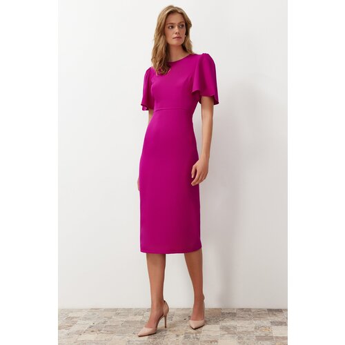 Trendyol Fuchsia A-Line Midi Pencil Skirt Woven Dress with Pleat Detail on the Sleeve Cene