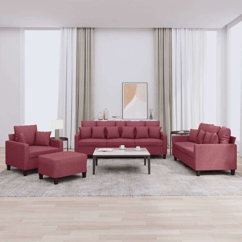  4-dijelni set sofa s jastucima crvena boja vina od tkanine Slike