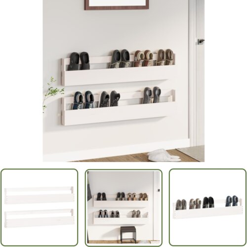 The Living Store Stenski regal za čevlje 2 kosa bel 110x9x23 cm trdna borovina - Stensko Stojalo Za Čevlje, (21744690) Cene