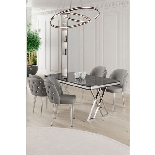 Hanah home Rigel - Black Marble, Chrome, Grey Black MarbleChromeGrey Dining Table & Chairs Set (5 Pieces) Cene