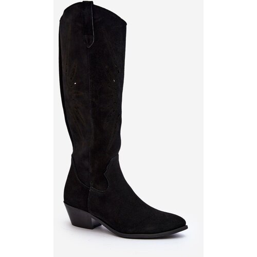 Zazoo 2909 Suede Cut-Out Boots with Low Heel Black Cene