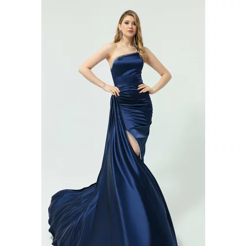 Lafaba Women's Navy Blue One-Shoulder Stone Long Satin Evening Dress