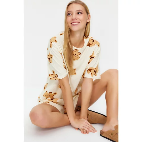 Trendyol Ecru 100% Cotton Teddy Bear Patterned Knitted Pajama Set