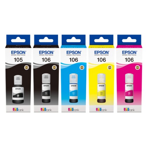  Črnilo Epson 105 + 106 EcoTank L7180, L7160 - pigmentna črna, foto črna, cyan, magenta, rumena, original Slike