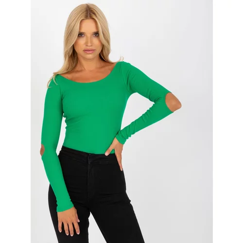 Fashion Hunters RUE PARIS green ribbed basic blouse with cutouts on the elbows
