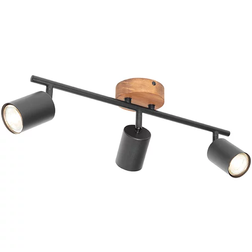 QAZQA Industrijski reflektor v črni barvi z lesom, nagiben 3-light - Jeana