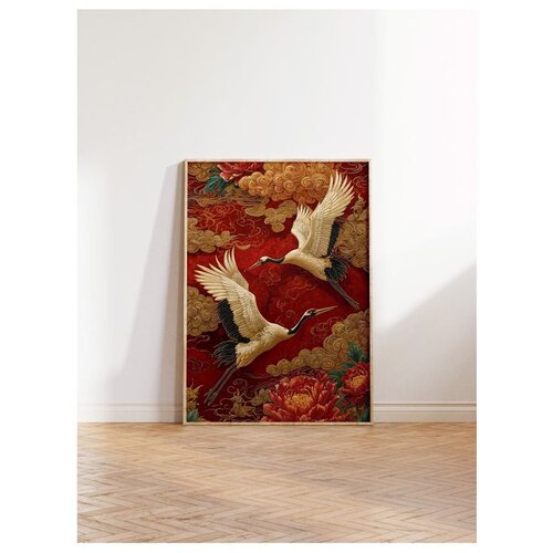Wallxpert uramljena slika 115252, dva ždrala u letu na crvenoj pozadini sa zlatnim oblacima, 30 x 40 cm, ram u boji prirodnog drveta Slike
