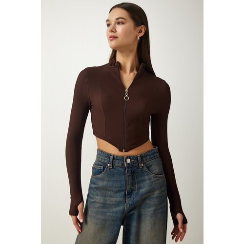  Women's Brown Zippered Turtleneck Crop Knitted Blouse Cene