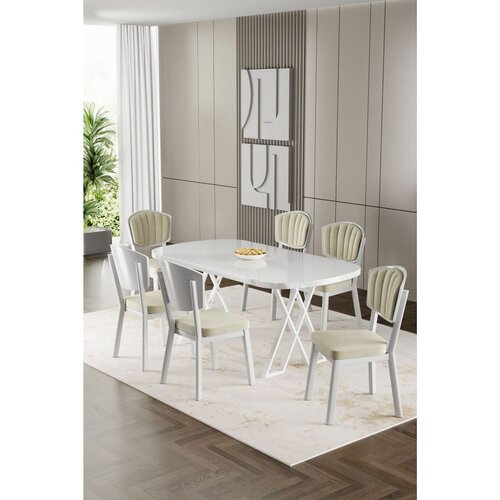 Hanah home trpezarijski set Flori, sto i 6 stolica, bela ploča, krem tkanina Babyface Cene
