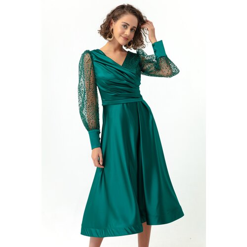 Lafaba Women's Emerald Green, Double Breasted Collar Silvery Midi Satin Evening Dress. Slike