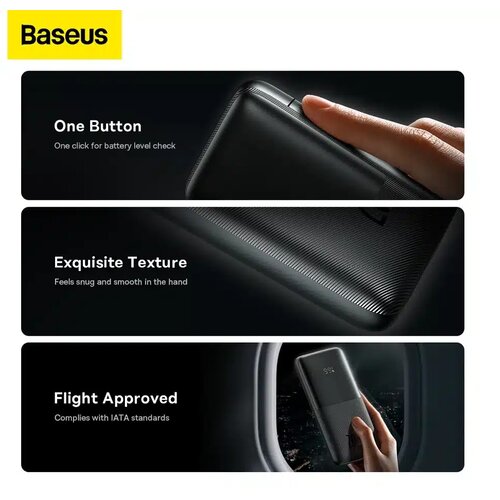 Baseus powerbank 10.000 mAh + USB A na tip C PD QC3.0 3A 20W PPBD040201 crni Slike