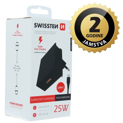 Swissten punjač za AC220, Super Fast za Samsung, 25W, kabel USB-C/USB-C, crni Cene