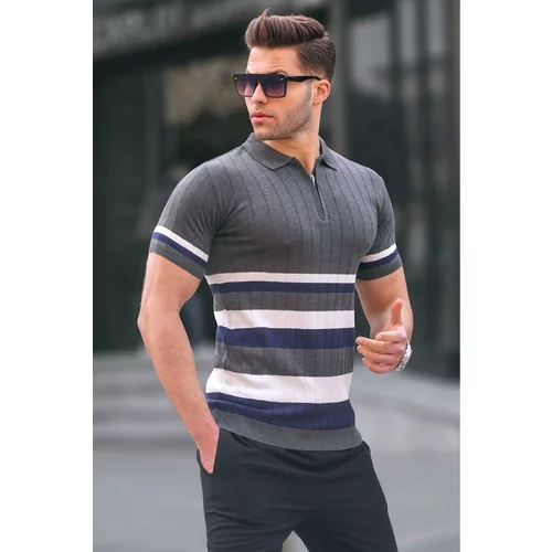 Madmext Striped Knitwear Anthracite Polo Neck T-Shirt 6356