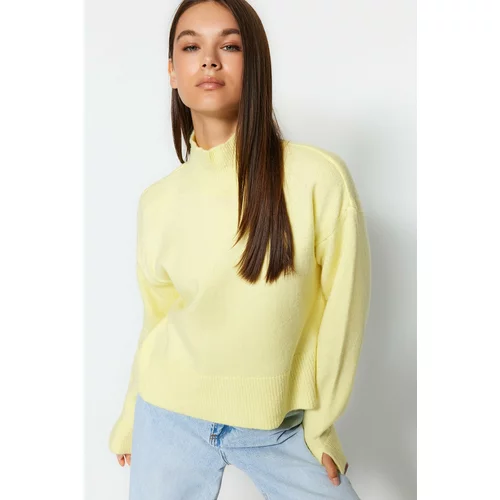 Trendyol Yellow Basic Soft Textured Standing Collar With a Slit at the Ends of the Sleeves, Knitwear Sweater