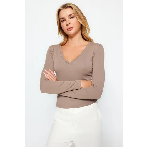 Trendyol Mink Premium Soft Fabric V-Neck Fitted/Slippery Knitted Blouse