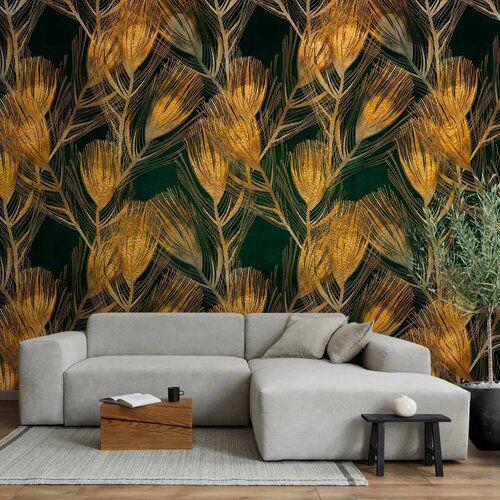  Foto tapeta - Golden peacock feathers - solid background with bird pattern on green background 400x280 Cijene