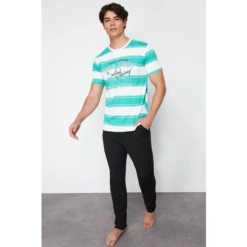 Trendyol Men's Green Regular Fit Striped Knitted Pajama Set