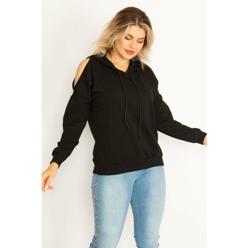Şans Women's Plus Size Black Hooded Sweatshirt with Decollete Slike
