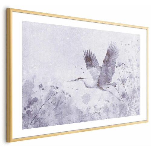  Plakat - Majestic Flight - crane in flight in a monochromatic cool color palette 60x40 Zlatni okvir s margom Cene