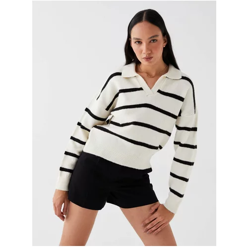 LC Waikiki Women's Polo Neck Striped Long Sleeve Oversized Knitwear Sweater
