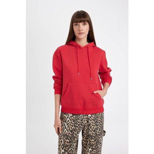 Defacto Women's Red Relax Fit Hooded Kangaroo Pocket Thick Basic Plain Sweatshirt Cene