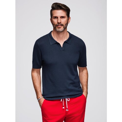 Ombre Men&amp;#039;s buttonless polo shirt with classic weave - navy blue Slike