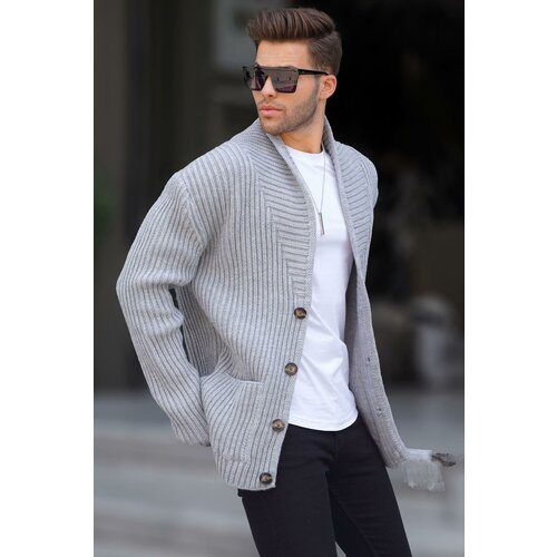 Madmext Gray Stand-Up Collar Knitwear Cardigan with Pocket 6815 Slike