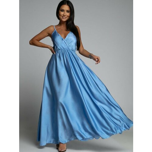 Fasardi Long blue satin dress with straps Slike