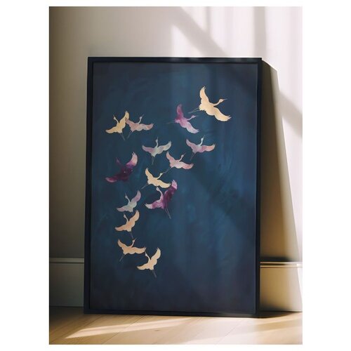 Wallxpert uramljena slika 115200, jato zlatnih i ljubičastih ždralova na tamnoplavoj pozadini, 30 x 40 cm, crni ram Cene