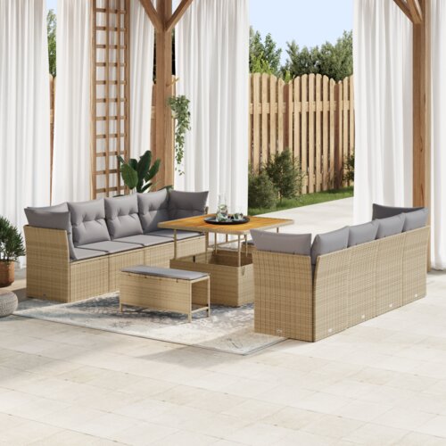 VidaXL 11-dijelni set sofa za vrt s jastučićima bež poli ratan akacija Slike