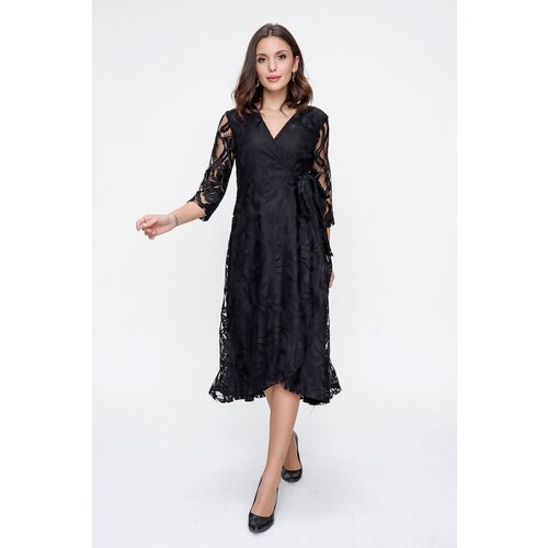 By Saygı Double-breasted Collar Lined, Wrapped Lace Dress Black Slike