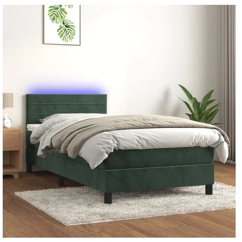 vidaXL Krevet box spring s madracem LED tamnozeleni 90x190 cm baršun