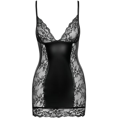 Noir Handmade F282 Short Powerwetlook Dress with Lace Panels and Chest L Slike