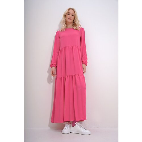 Trend Ala&amp;ccedil;atı Stili Women&amp;#039;s Fuchsia Boat Neck Balloon Sleeve Layered Flounced Waist Belted Woven Viscose Dress Slike