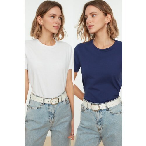 Trendyol Navy Blue-White 100% Cotton Single Jersey Crew Neck 2-Pack Basic Knitted T-Shirt Slike