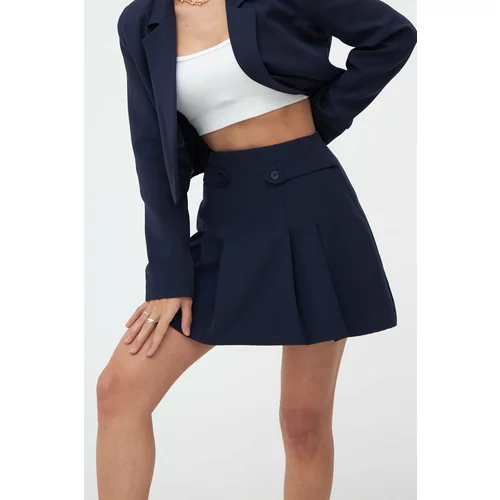 Laluvia Navy Blue Double Pleated Side Flap Skirt