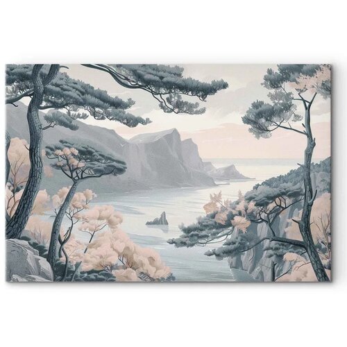  Slika - Mountainous Coast with Trees and Rocks in Light Pastel Blues 60x40 Standard Cene