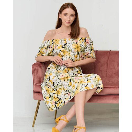 Resti Yellow knee-length dress with a multicolored floral pattern - Clothing Cijene