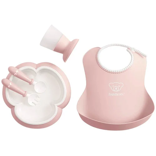 BABYBJORN komplet jedilni set slinček, krožnik, lonček, žlica in vilice Powder Pink