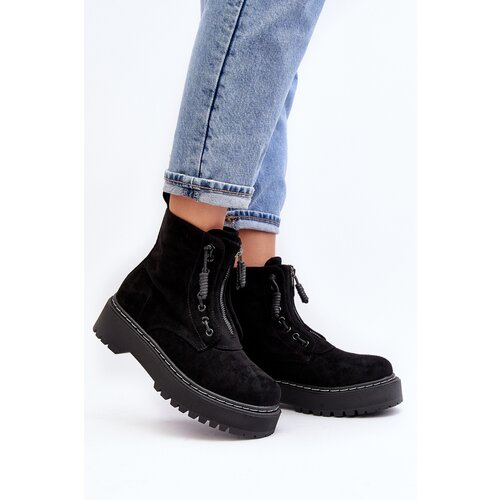 Boto Women's Suede Trapper Boots with Thick Sole and Zipper Black Edivame Cene