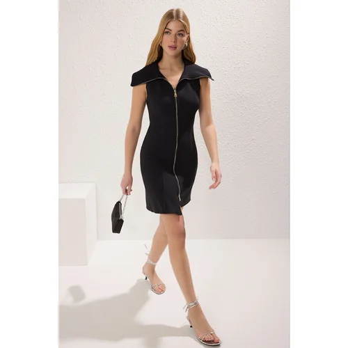 Trendyol Black Plain Body Wraparound Zipper Mini Woven Dress