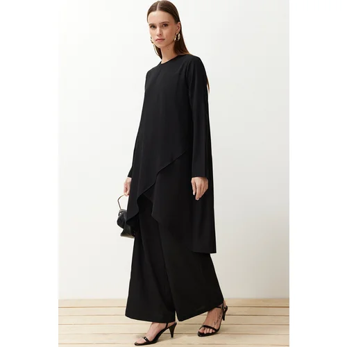 Trendyol Black Asymmetric Woven Tunic Trousers Two Piece Set