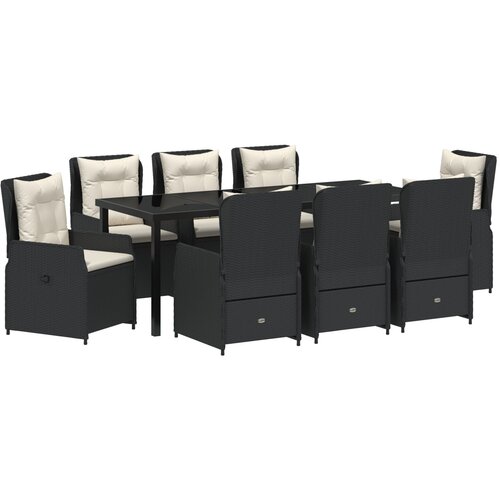 vidaXL 9-dijelni set za objedovanje u vrtu - crni poly rattan, vrtni stol - crni 200x80x73 cm, kaljeno staklo Cijene