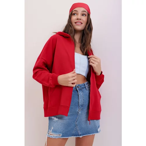 Trend Alaçatı Stili Women's Red Hooded Double Pocket Zippered Seasonal Sweatshirt