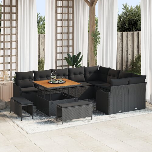 VidaXL 12-Delni Set Vrtnih Sof s Blazinami Črn Poly Ratan Akacija, 2-Sedežna Vrtna Sofa s Shranjevanjem in Blazinami Črn Poly Ratan, 3-Delni Vrtni Jedilni Set s Blazinami Črn Poly Ratan Akacija Slike