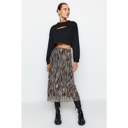Trendyol Brown Elastic Waist, Printed Midi-Length Lined Tulle Knitted Skirt Slike