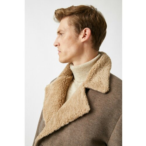 Koton men's brown wool content collar faux fur turned collar buttoned pocketed coat Cene
