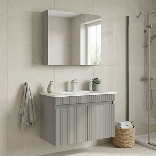 Hanah home Tivoli 85 - 694 Matte Cashmere Bathroom Cabinet With Sink & Mirror Set (2 Pieces) Cene