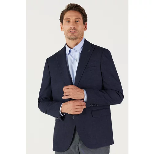 Altinyildiz classics Men's Navy Blue Comfort Fit Relaxed Cut Swallow Collar Dobby Jacket