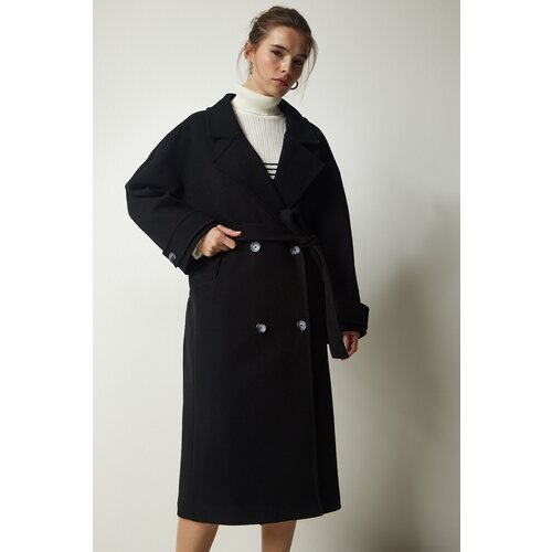  Women&amp;#039;s Black Double Breasted Neck Belted Oversize Cachet Coat Slike